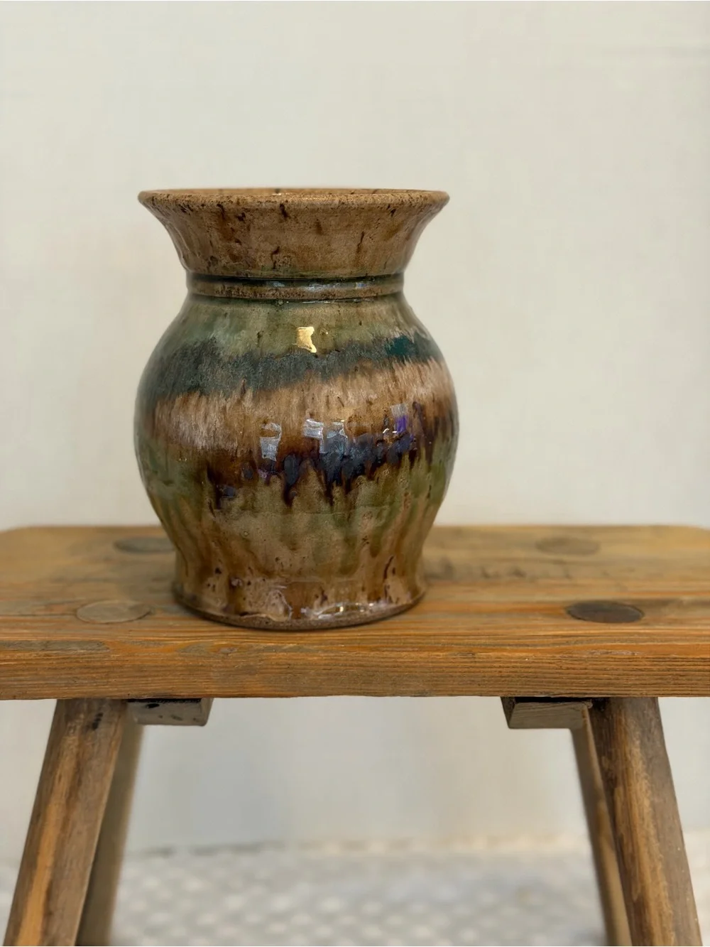 Vintage Handcrafted Stoneware  Vase. Bohemian, green,  brown earth tones